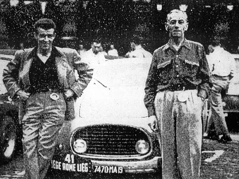 Marius Heyman and Claude Leguezec pose in front of chassis 0190 ED prior to the start of the 1952 Liège-Rome-Liège rally.