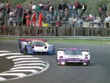 The No.4 Jaguar, driven by Jan Lammers and Andy Wallace, places 2nd at the 1990 Silverstone World Sports Prototype Championship.