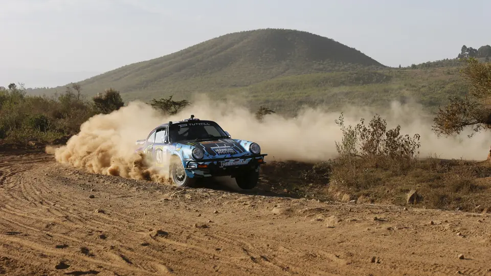 The Tuthill-prepared Porsche 911 SC 'Safari' on the 2022 East African Safari Classic, driven by Ken Block.
