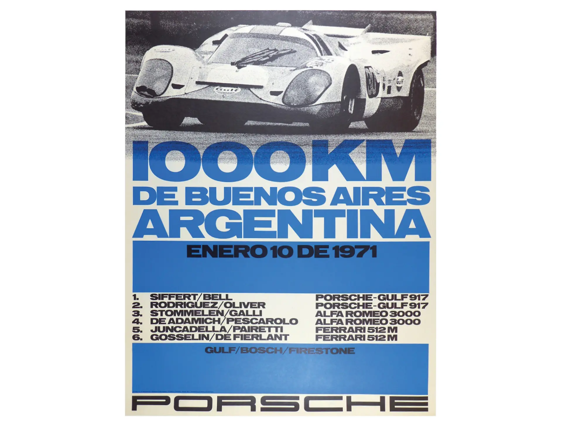 Affiche Originale Vintage PORSCHE 1000 KM BUENOS AIRES 1971 - Victoire Showroom - Rare
