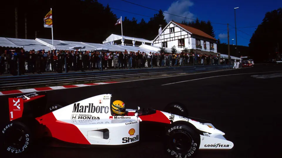 Ayrton Senna en route to victory at the 1991 Belgian Grand Prix. Ayrton Senna en route to victory at the 1991 Belgian Grand Prix.