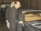 The current owner of the 400 GT inspects the production line at the Lamborghini factory in 1967.