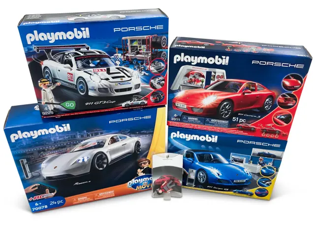 Four Playmobil Porsche Toys with Figurine Accessory | The White