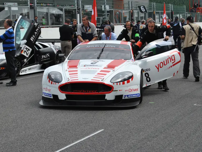 DBR9/109 is pushed to the grid ahead of the 2010 edition of the 1000 Km of Spa, which would prove to be the car's final race.