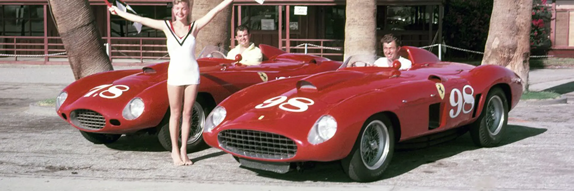 Historical Photo of the 1955 Ferrari 410 Sport Spider by Scaglietti (right) offered at RM Sothebys Monterey live auction 2022