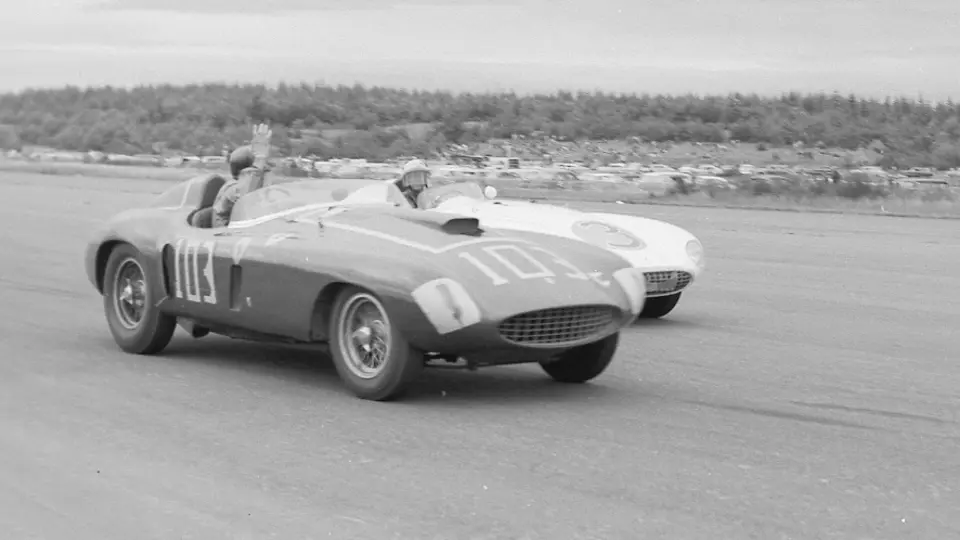 Carroll Shelby, behind the wheel of chassis no. 0478 AM (#103), gives a friendly wave to Phil Hill and his 750 Monza (#3) after beating him in the feature race at the 31 July 1955 SCCA Nationals held at Bremerton, Washington. Carroll Shelby, behind the wheel of chassis no. 0478 AM (#103), gives a friendly wave to Phil Hill and his 750 Monza (#3) after beating him in the feature race at the 31 July 1955 SCCA Nationals held at Bremerton, Washington.