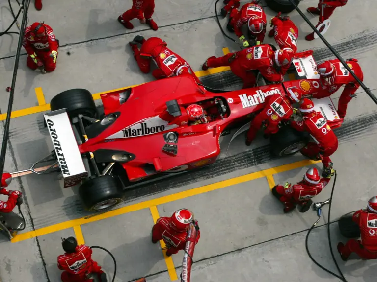 Mechanics replace the nosecone of the Ferrari 2001 allowing Michael Schumacher (GER) to take third place at the finish.
Malaysian Grand Prix, Sepang Circuit, Kuala Lumpur, Malaysia. 17 March 2002.