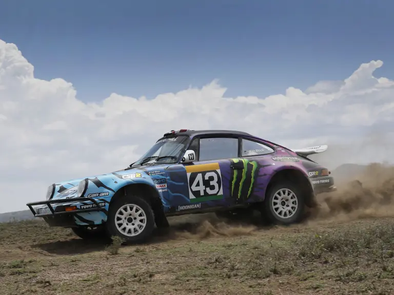 The Tuthill-prepared Porsche 911 SC 'Safari' on the 2022 East African Safari Classic, driven by Ken Block.