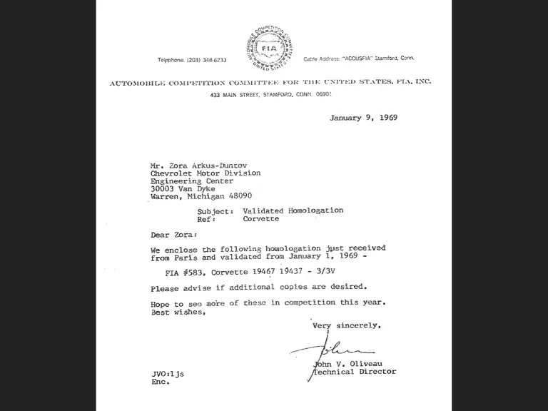 Letter issued 9 January 1969 from FIA to Zora Arkus-Duntov concerning FIA homologation #583, effective 16 January 1969 for Corvette variant 3/3V ZL-1 option for convertible model only.