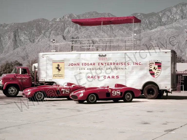 Ferrari 375 Plus and Ferrari 410 Sport with the famous John Edgar Enterprises’ GMC-Fruehauf transporter at Palm Springs, November 1956.