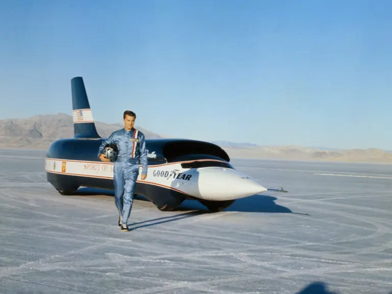 Craig Breedlove walks away from his specially designed racing car, the Spirit of America – Sonic I in which he established a new world's ground speed record of 600.601 miles per hour at Bonneville Salt Flats, November 1965.