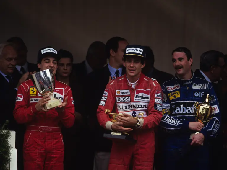 Monaco Grand Prix Monte Carlo Monaco. 1991 
Podium Ayrton Senna Mclaren-Honda MP4/6 wins the race, Nigel Mansell Williams FW 14 is 2nd and Jean Alesi Ferrari 642 is 3rd
© Formula One Pictures / Picture by John Townsend.  jt@f1pictures.com www.f1pictures.com. Tel +36 70 776 9682 Vat No UK 221 9053 92.
 
