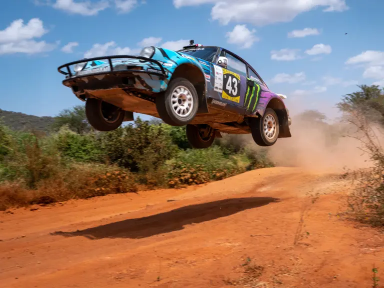 The Tuthill-prepared Porsche 911 SC 'Safari' on the 2022 East African Safari Classic, driven by Ken Block.