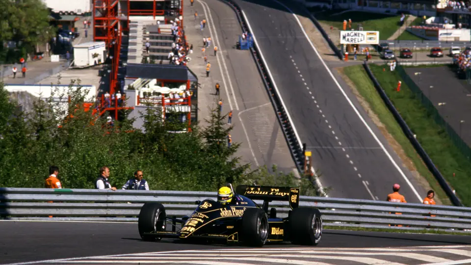 Ayrton Senna at speed during the 1986 Belgian Grand Prix.