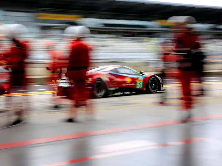 The Ferrari is captured leaving the pits on its way to a class win at the 2017 6 Hours of Nürburgring.