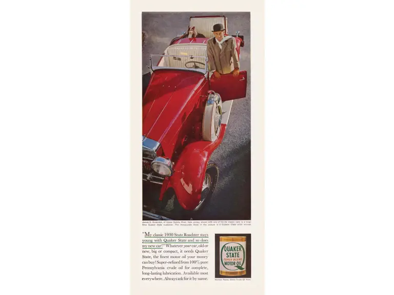 A Quaker State advertisement featuring the Stutz with longtime owner, James G. Groendyke.