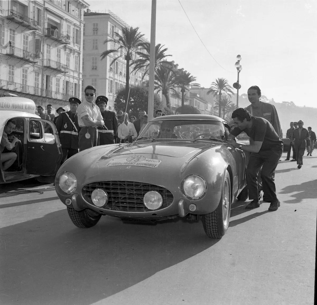 Chassis 0557 GT photographed at a checkpoint, likely in the south of France, during the 1956 Tour de France.