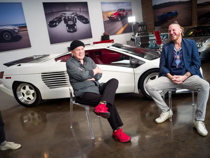 Moroder and Thomas in front of the 1988 CizetaMoroder V16T offered at RM Sothebys Arizona live auction 2022