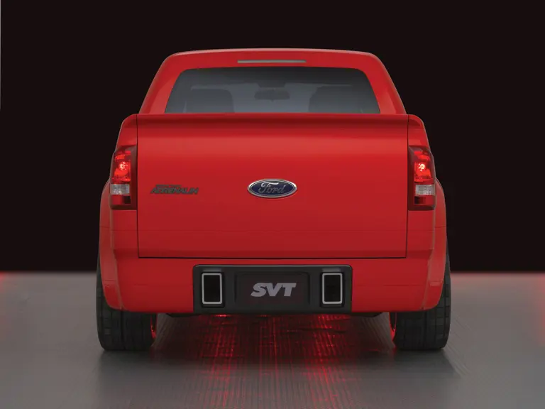 Ford Sport Trac Adrenalin teaser: Square exhaust tips, integrated in the rear roll pan, are tuned to emphasize the growl of the 390-hp, supercharged Adrenalin.