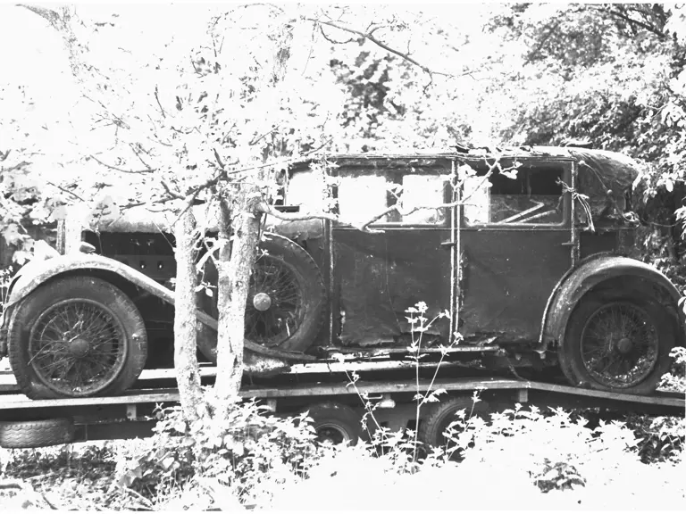 The Delage is pictured after being removed from a tree copse, where it stood for several years. It was weather-beaten but largely intact.