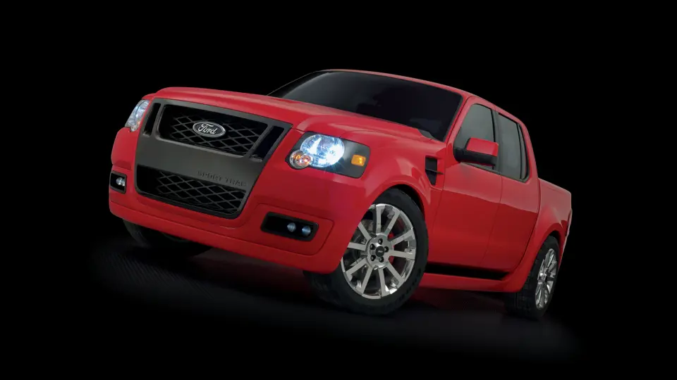 Ford Sport Trac Adrenalin teaser: Adrenalin's performance is communicated through its aggressive black chrome grille and SVT Red paint.