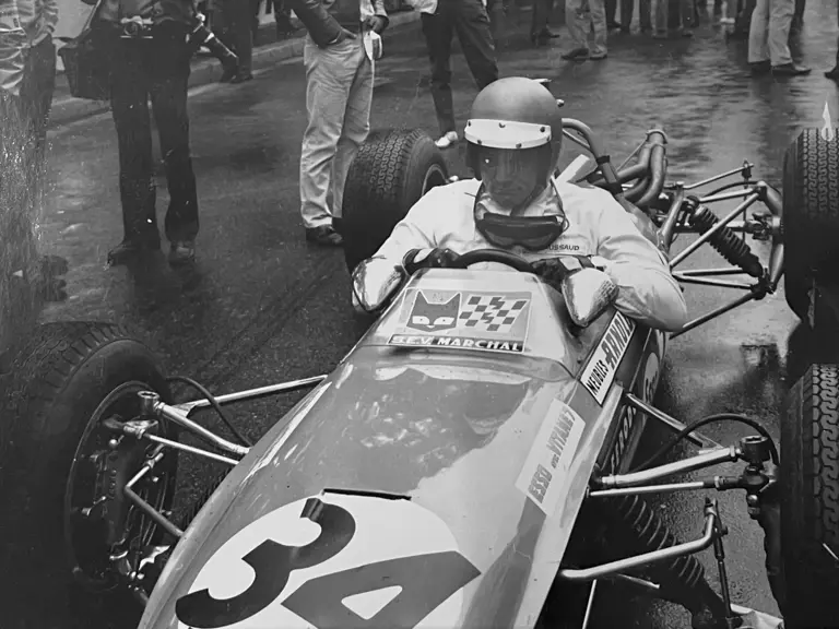 Jean Pierre Jaussaud arriving at the 1968 Formula 3 Monaco Grand Prix.