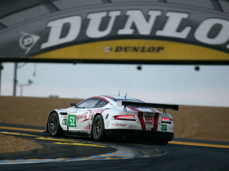 Sliding around the Dunlop Chicane, the DBR9 finished 22nd overall at the 2010 24 Hours of Le Mans.