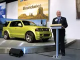 FORD URBAN EXPLORER CONCEPT DEBUTS AT 2000 SEMA SHOW -- LAS VEGAS – October 31, 2000 –Jim O'Connor, former Ford Motor Company vice president and general manager Ford Division, unveiled Ford Urban Explorer concept at the truck's world debut during the Specialty Equipment Market Association (SEMA) show here today. With many of the features and improvements that will be found on the next generation 2002-model Ford Explorer, Urban Explorer concept has a street-smart profile that adds head-turning style to the (utility) mix, according to O'Connor. (Joe Wilssens photo) (O'Connor was elected group vice president, North American Marketing Sales and Service 4/19/02)