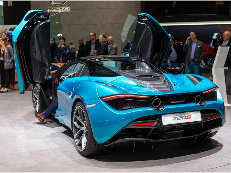 Onlookers peer onto the McLaren stand at the 2019 Geneva International Motor Show, where this 720S Spider was exhibited.