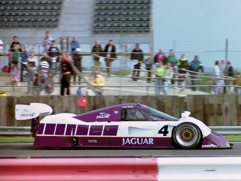The No.4 Jaguar, driven by Jan Lammers and Andy Wallace, places 2nd at the 1990 Silverstone World Sports Prototype Championship.
