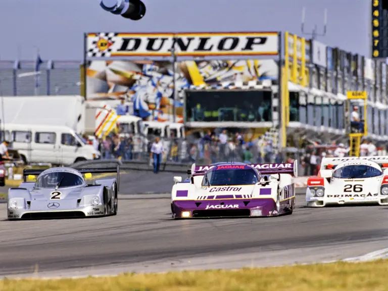 The XJR-11 of Jan Lammers and Andy Wallace holds it own against the highly successful Mercedes-Benz C11.