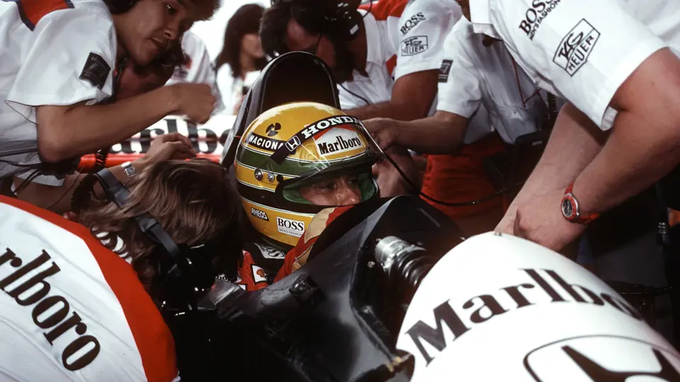 Ayrton Senna sitting in chassis number MP4/6/1 just prior to the 1991 Brazilian Grand Prix.
