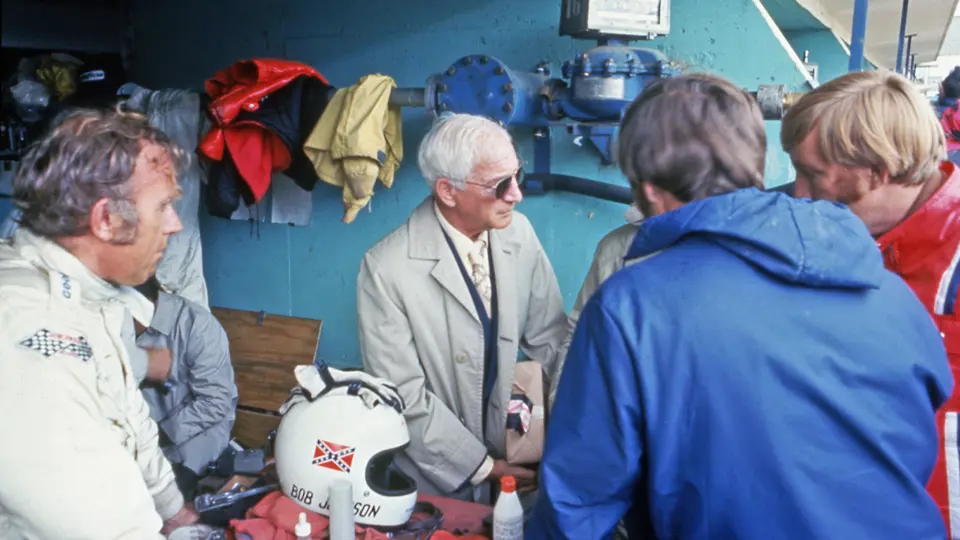 Zora Arkus-Duntov meeting with Bob Johnson and RED/NART team members in the #4 Corvette’s pit box at the 24 Hours of Le Mans, 1972.