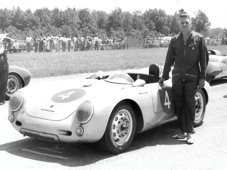 Jack Manting poses next to his Porsche 550 Spyder at an unknown SCCA event.