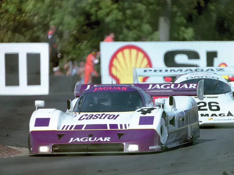 Andy Wallace and Jan Lammers drive No.4 at the 1990 Donington World Sports Prototype Championships.