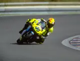Rossi hurtles through a corner at Brno Circuit during the 1996 Czech Grand Prix which he went on to win with this very motorbike.