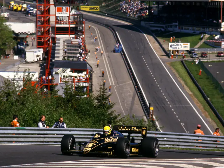 Ayrton Senna at speed during the 1986 Belgian Grand Prix.