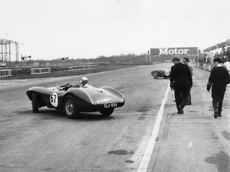 The DB3S is captured on its way to winning the  VSCC Pomeroy Trophy at Silverstone on 22 April 1961.