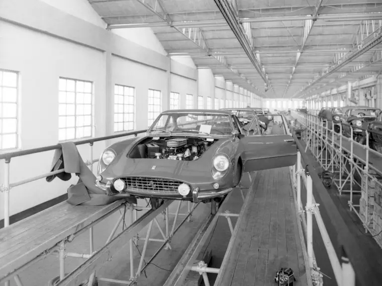 Chassis no. 3949 SA being assembled at Maranello.