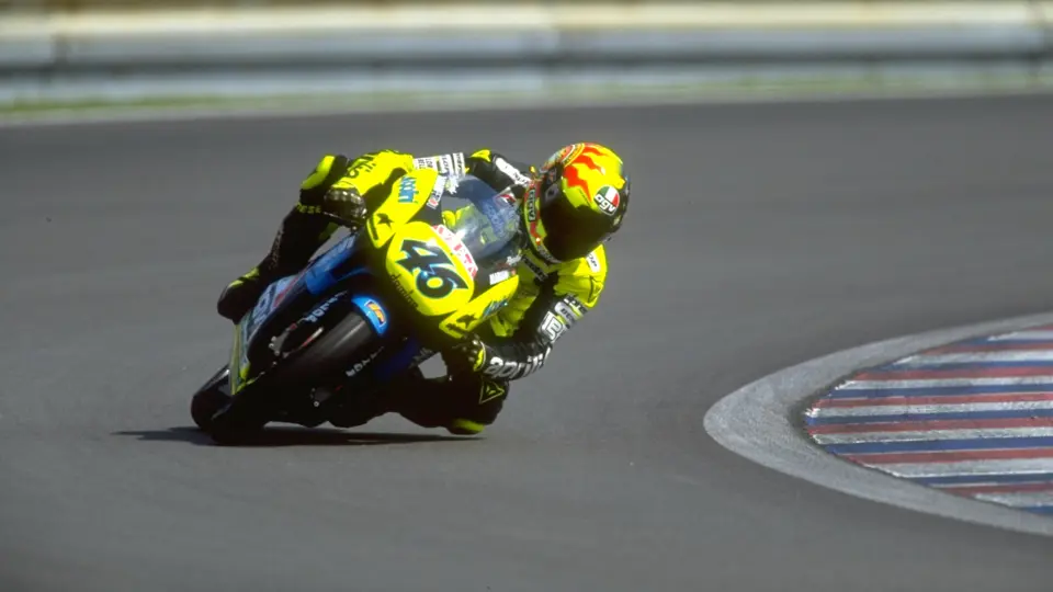Rossi hurtles through a corner at Brno Circuit during the 1996 Czech Grand Prix which he went on to win with this very motorbike.