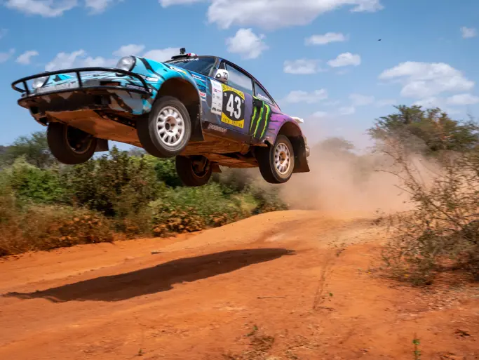 The Tuthill-prepared Porsche 911 SC 'Safari' on the 2022 East African Safari Classic, driven by Ken Block.