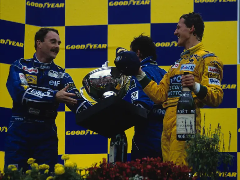Belgium Grand Prix  Spa-Francorchamps, Belgium 1992
Podium Michael Schumacher Benetton-Ford B192 wins the race Nigel Mansell Williams FW14B is 2nd and Riccardo Patrese Williams FW14B is 3rd
© Formula One Pictures / Picture by John Townsend. Office tele (+36)26 322 826 mobile (+36) 70 776 9682. UK Mobile +44 7747 862606 www.f1pictures.com.
Vat Number 221 9053 92
 
 
 
