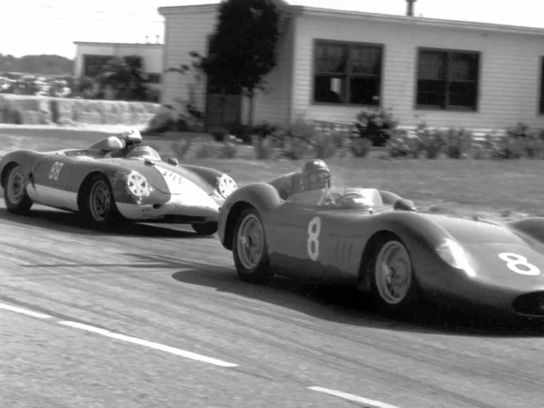 McAfee chases the Maserati of Dusty Miller at Santa Barbara in June 1958.