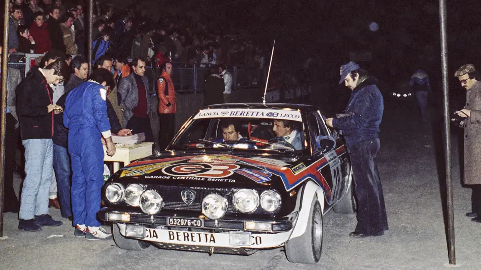 Roberto Beretta pulls up to a check point at the 1980 Rally Citta Modena.
