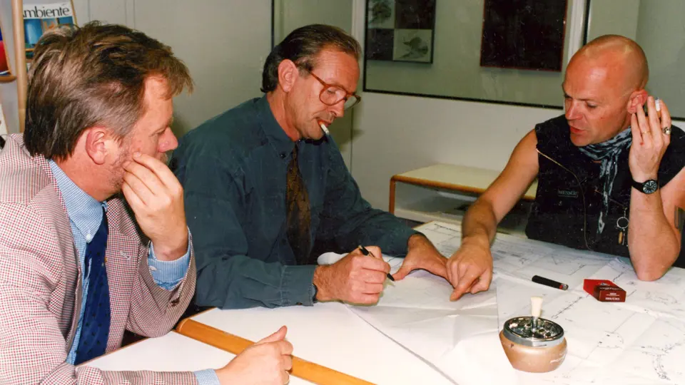 Flatz is pictured meeting Harm Largaay, then lead designer for Porsche, to sketch out his vision for the Physical Sculpture XI.