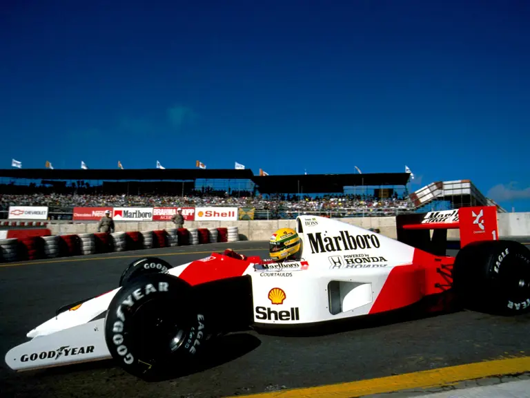 Ayrton Senna behind the wheel of the MP4/6 at the 1991 Brazilian Grand Prix.