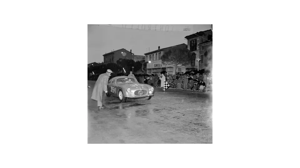 Chassis no. 2124 reaches the checkpoint at Ravenna during the 1956 Mille Miglia.