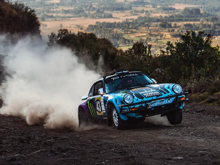 The Tuthill-prepared Porsche 911 SC 'Safari' on the 2022 East African Safari Classic, driven by Ken Block.