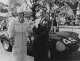 Bib Stillwell poses with XKD 520 during the Lowood Tourist Trophy in 1956.