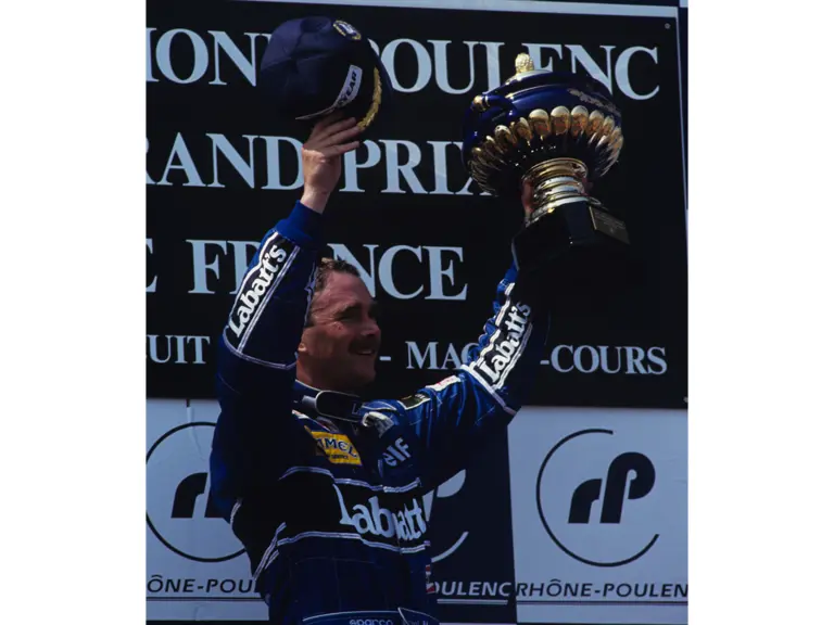 French Grand Prix, Magny-Cours, France. 1991 
Podium Nigel Mansell Williams FW 14 wins the race, Alain Prost Ferrari 642 is 2nd and Ayrton Senna Mclaren-Honda MP4/6 3rd
© Formula One Pictures / Picture by John Townsend.  jt@f1pictures.com www.f1pictures.com. Tel +36 70 776 9682 Vat No UK 221 9053 92.
 
